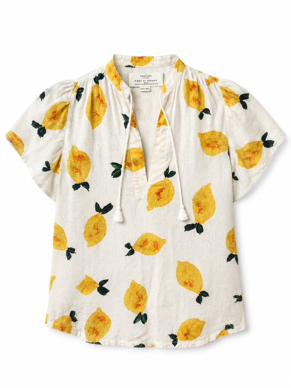 Birds of Paradis Trovata Linen Cotton Lemon Blouse Top XS Cottagecore Fruit Art⁠